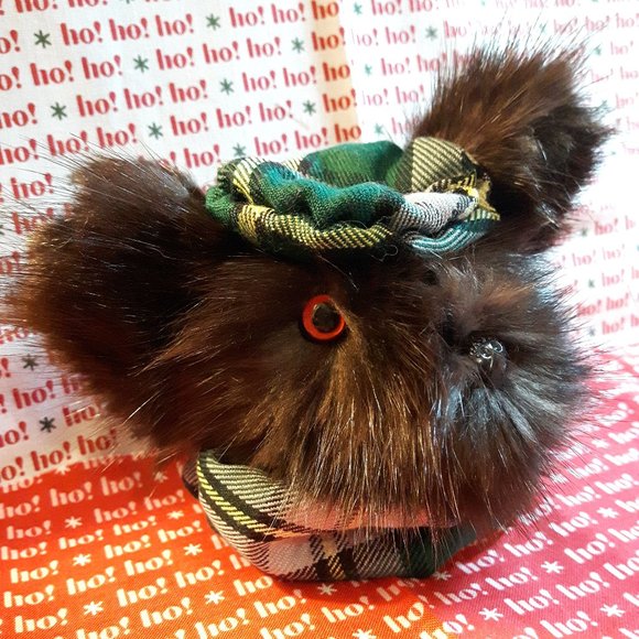 Tartan Teddy Bear Christmas Ornament - Genuine Fur - Muskrat - Picture 2 of 5